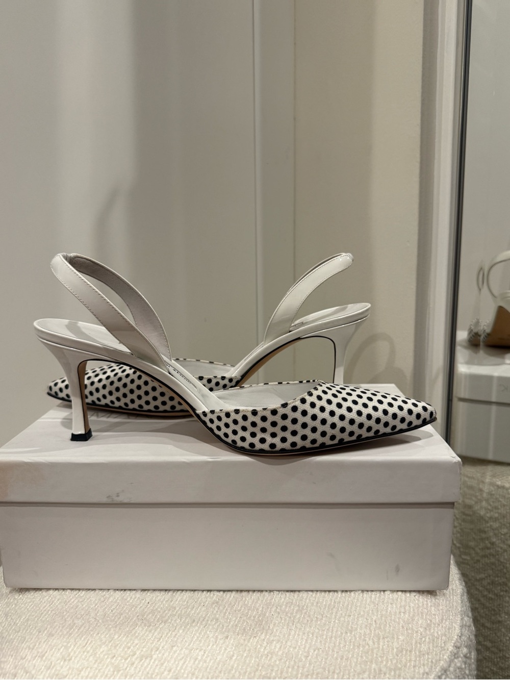 RARE Manolo Blahnik White and Black Polka Dot Slingback Pumps